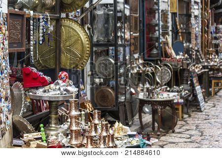 SARAJEVO, BOSNIA AND HERZEGOVINA - AUGUST 21 2017: Traditional bosnian bazaar in the city center of Sarajevo