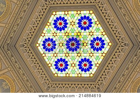 SARAJEVO, BOSNIA AND HERZEGOVINA - AUGUST 20 2017: Hexagonal glass ceiling of Sarajevi City hall