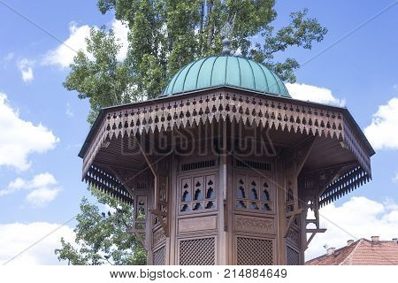 SARAJEVO, BOSNIA AND HERZEGOVINA - AUGUST 18 2017: Architectural detail os Sebilj fountain in Sarajevo at day time