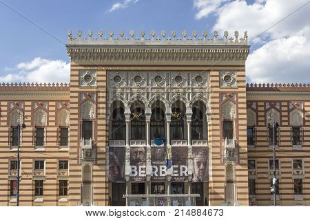 SARAJEVO, BOSNIA AND HERZEGOVINA - AUGUST 18 2017: Main facade of Sarajevo City Hall building known as Vijecnica