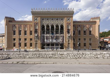 SARAJEVO, BOSNIA AND HERZEGOVINA - AUGUST 18 2017: Main facade of Sarajevo City Hall building known as Vijecnica