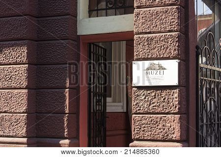 SARAJEVO, BOSNIA AND HERZEGOVINA - AUGUST 19 2017: Plate at the entrance of beer museum building in Sarajevo