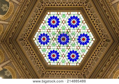 SARAJEVO, BOSNIA AND HERZEGOVINA - AUGUST 20 2017: Hexagonal glass ceiling of Sarajevi City hall