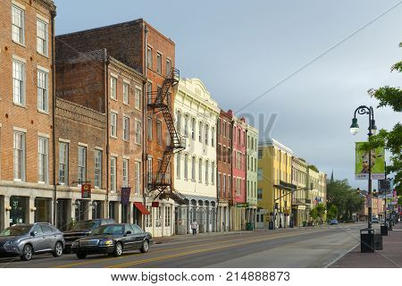 NEW ORLEANS - MAY. 31, 2017: Historic Buildings on North Peters Street between Bienville Street and Iberville Street in French Quarter in New Orleans, Louisiana, USA.