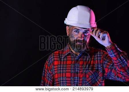 Construction And Hard Work Concept. Worker With Brutal Image