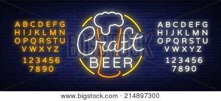 Original logo design is a neon-style beer craft for a beer house, bar pub, brewery brewery tavern, stuffing, pub, restaurant. Night beer advertising, neon glowing bright sign. Editing text neon sign.