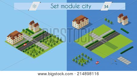 Isometric retro set 3D urban module of the city for construction and modeling of designing megapolis for creative web design and presentations