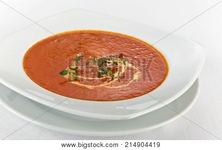 fresh tomato soup with cream in a plate on white background
