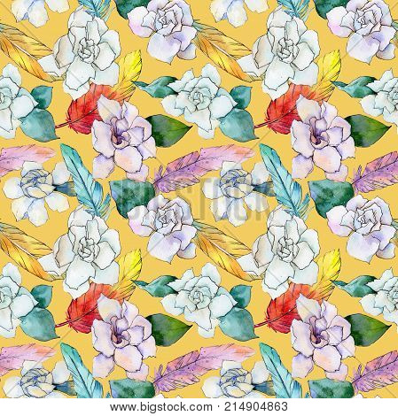 Wildflower gardenia flower pattern in a watercolor style. Full name of the plant: gardenia . Aquarelle wild flower for background, texture, wrapper pattern, frame or border.