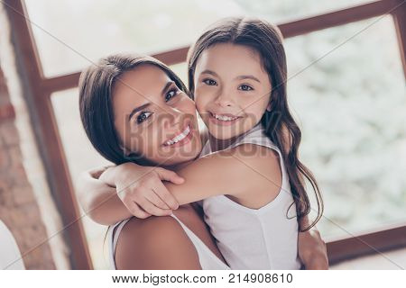 She Is My Little Copy! Close Up Photo Of Cheerful Happy Joyful Adorable Amasing Wonderful Beautiful