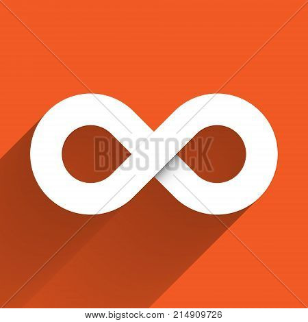 Infinity symbol icon. Concept of infinite, limitless and endless. Simple white vector design element with gradient long shadow isolated on orange background.