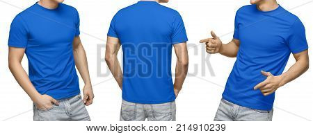 Young male in blank blue t-shirt, front and back view, isolated white background with clipping path. Design men tshirt template and mockup for print.