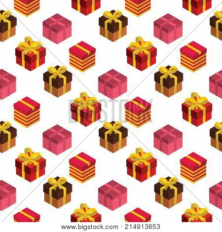 Seamless pattern with different giftboxes colored on white background. Isometric vector illustration. Gift seamless pattern background holiday Christmas package gift box