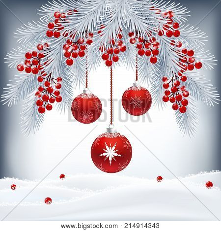 Christmas card with fir branches berries and red balls. Winter background with sparkling snow. Vector illustration