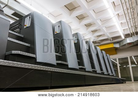 Offset Print Machine Units Industrial Room Factory Equipment Cmyk Lithography Engineering Closeup