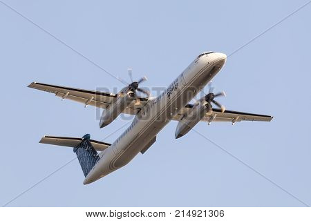 Toronto Canada - Oct 17 2017: Porter Airlines Bombardier Dash 8 departing from the Billy Bishop Toronto City Airport