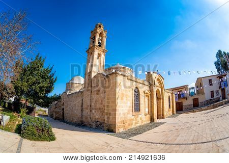 Apostles Varnavas Church. Peristerona Village, Cyprus. Fisheye View
