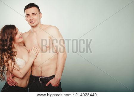 Sexy Couple. Half Naked Man And Woman In Lingerie.