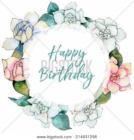 Wildflower gardenia flower wreath in a watercolor style. Full name of the plant: gardenia . Aquarelle wild flower for background, texture, wrapper pattern, frame or border.