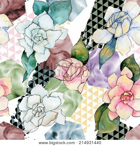 Wildflower gardenia flower pattern in a watercolor style. Full name of the plant: gardenia . Aquarelle wild flower for background, texture, wrapper pattern, frame or border.