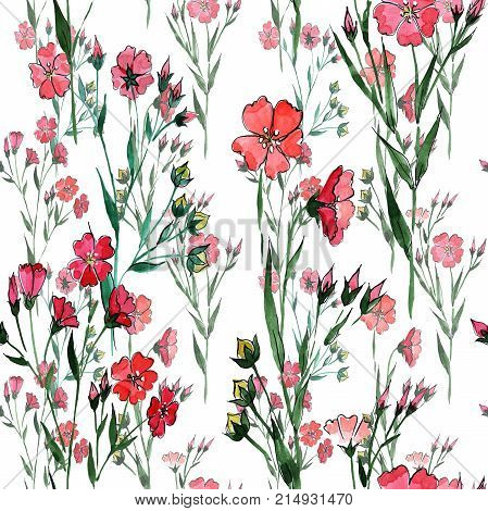 Wildflower flax flower pattern in a watercolor style. Full name of the plant: flax. Aquarelle wild flower for background, texture, wrapper pattern, frame or border.