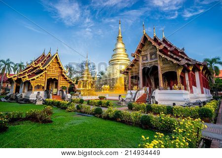Sunrise scence of Wat Phra Singh temple. This temple contains supreme examples of Lanna art in the old city center of Chiang MaiThailand.