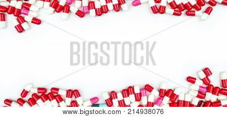 Colorful of antibiotic capsules pills isolated on white background with copy space for text. Drug resistance concept. Antibiotics drug use with reasonable and global healthcare concept.