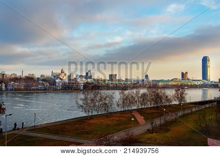View of Iset river embankment on sunset.  