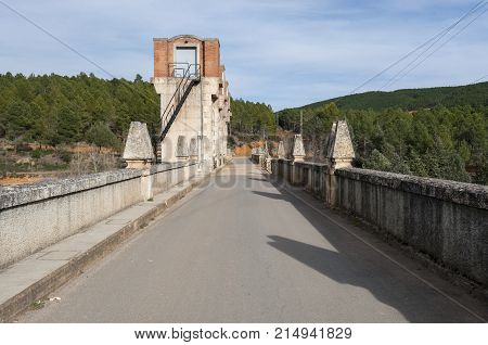 Road over the dam of El Vado Reservoir located in the upper course of the River Jarama in Guadalajara Province Spain