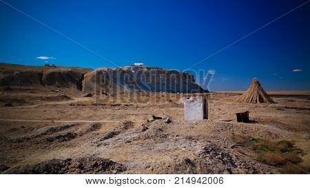 runed Urga fishing village at the shore of Sudochye lake aka part of former Aral sea at Karakalpakstan Uzbekistan