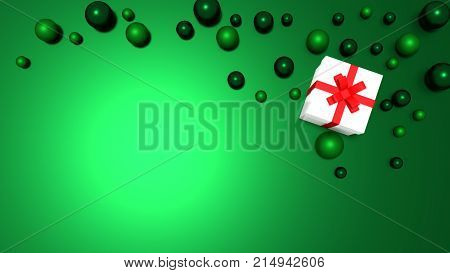 3d white gift box  tied with a red satin ribbon bow. and green balls on green background.for Christmas and new year