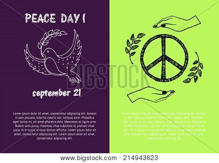 Peace day September 21, two pictures concerning holiday presenting symbols and filling form for text isolated on green and purple vector illustration