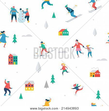 Winter sport scene, Christmas street event, festival and fair, with people, families make fun