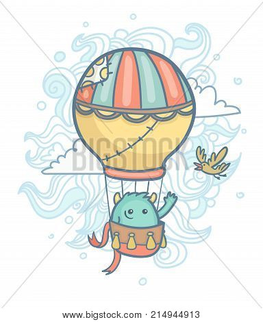 Cartoon cute monster flying in a hot air balloon
