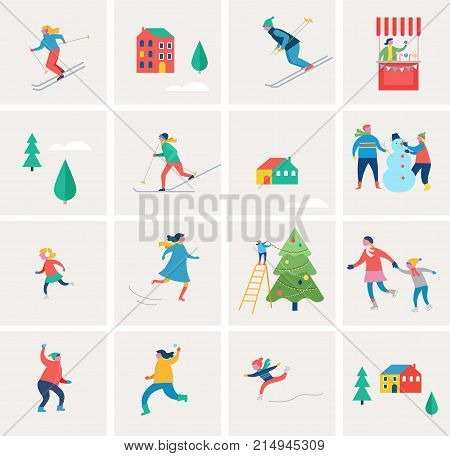 Winter sport scene, Christmas street event, festival and fair, with people, families make fun