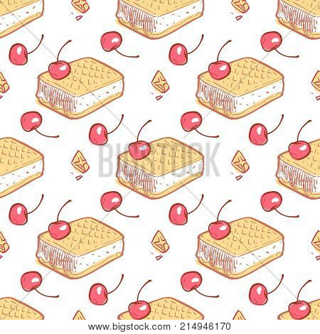 Doodle waffels ice cream cherries seamless pattern - dessert seamless texture. Vector illustration