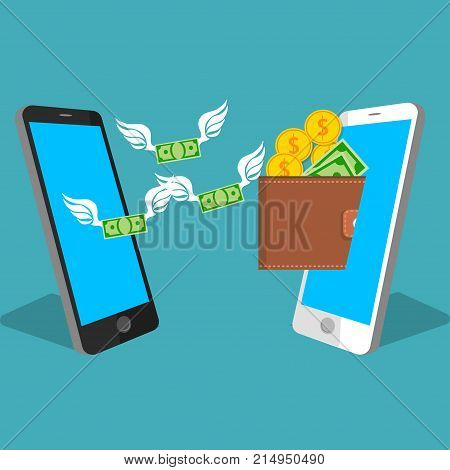 vector digital mobile wallet vector concept . smartphone screen with wallet , coins and banknotes. Internet banking or wireless money transfer concept. Money flying from one phone to another