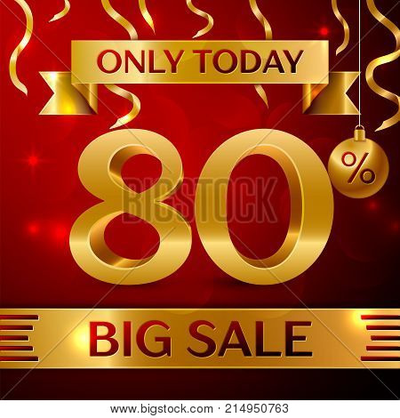 Realistic banner Merry Christmas with text Big Sale only today eighty percent for discount on red background. Confetti, christmas ball and gold ribbon. Vector Illustration
