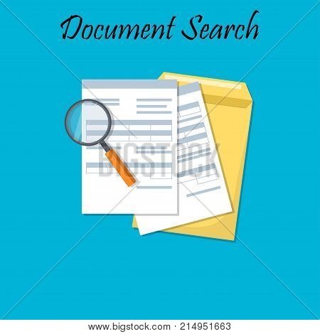 Cartoon design illustration for business documents with magnifier, business report or agreement. Documents envelope. pofile or tax form. Search design