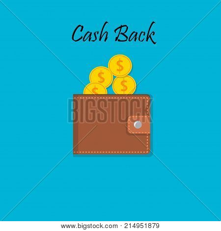 vector illustration of cash back wallet with golden coins. cashback design. Label for money refind