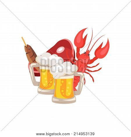 Vector illustration demonstrating set of beer and snacks on white background including two pints of beer, well-done crayfish, fish and piece of ham