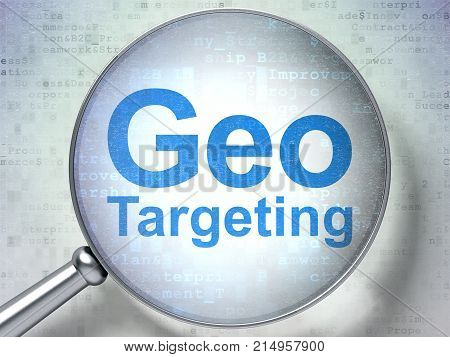 Business concept: magnifying optical glass with words Geo Targeting on digital background, 3D rendering