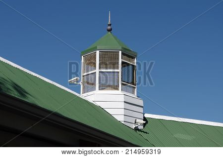 Look-out tower on roof to spot great white sharks in bathing area