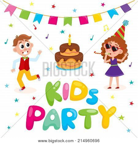 vector flat kids at party with confetti, flags, air balloons set. Caucasian boy dancing, girl in purple dress, party hat, glasses whistling near bix birthday cake. Isolated illustration