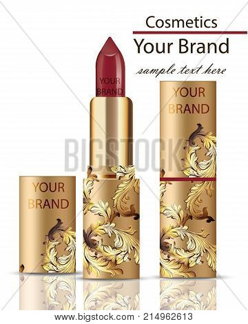 Red Lipstick Cosmetics Realistic Mock Up Vector. Matt Lipgloss With Ornament Decor, Golden Packaging