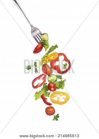 Salad on a fork on a white background