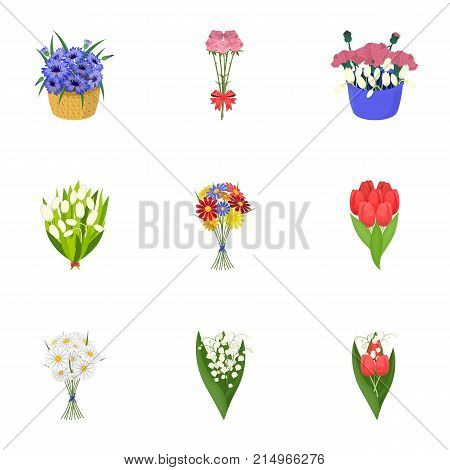 A bouquet of fresh flowers cartoon icons in set collection for design. Various bouquets vector symbol stock illustration.