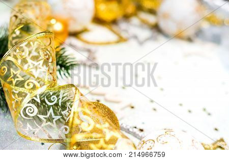 Christmas balls, stars, gold and silver colors