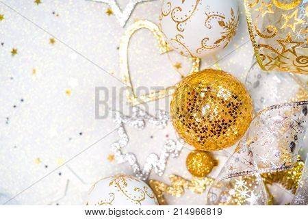 Christmas balls, stars, gold and silver colors