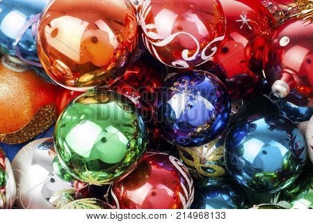 Christmas bauble baubles ball texture real glass ball. Christmas balls, celebrate christmas holiday with colorful shiny brilliant christmas balls ornaments. Illustrate holiday with baubles balls as texture.
